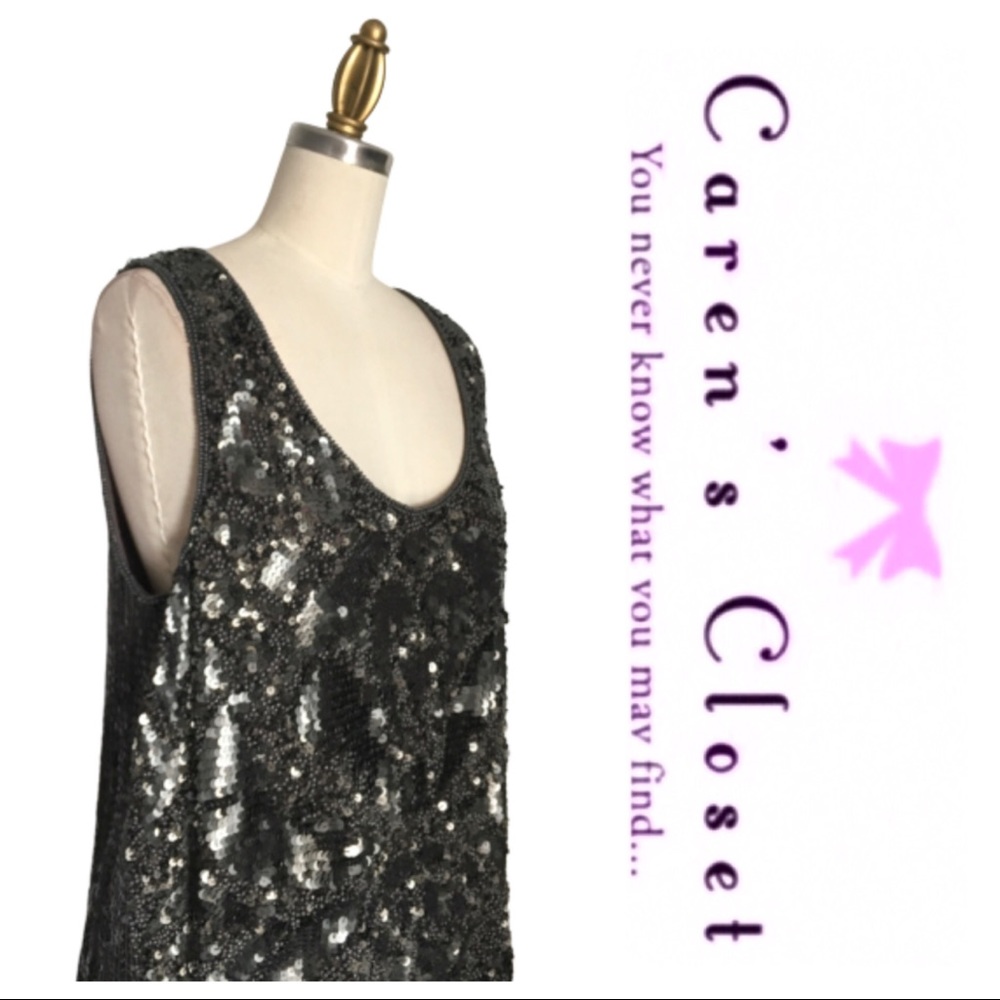 Gold Hawk Gray Sequin  Silk Sleeveless Shift Dress - Picture 2 of 8